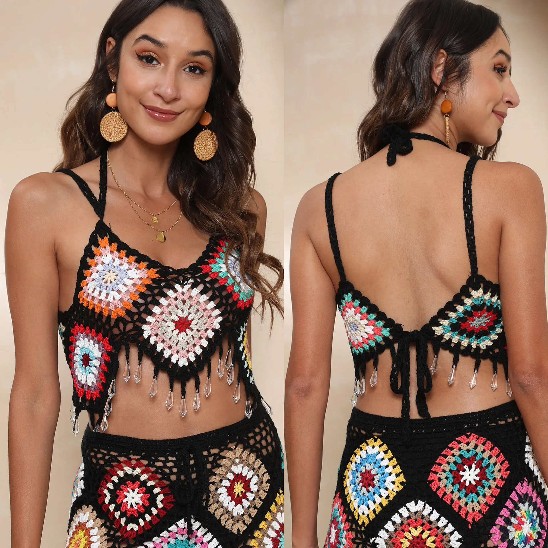 Summer hot sale ethnic style mixed color stitching pure hand hook strap bikini top
Summer hot sale ethnic style mixed color stitching pure hand hook strap bikini top