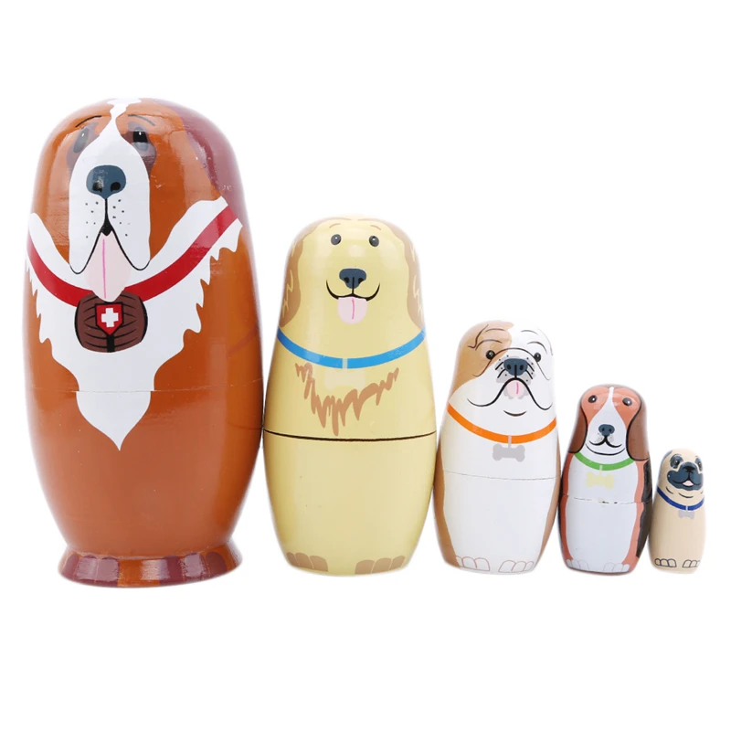 

5PCS Wooden Matryoshka Doll Russian Nesting Dolls Matreshka Handmade Crafts Ornament Cartoon Dog Wooden For Home Decoration