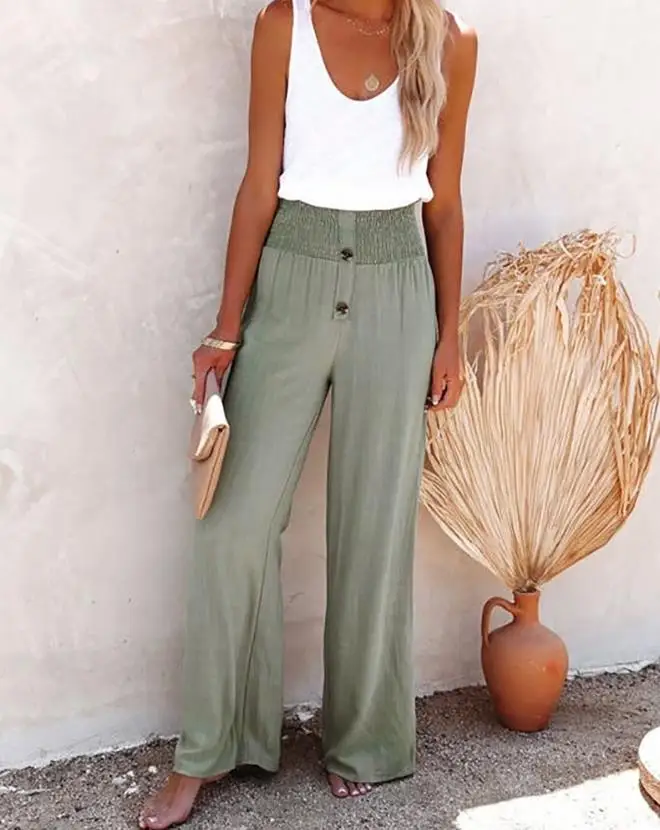 

2023 New Fashion Women's Pants Elegant High Waist Shirred Buttoned Wide Leg Pants Female Trouser Casual Bottom