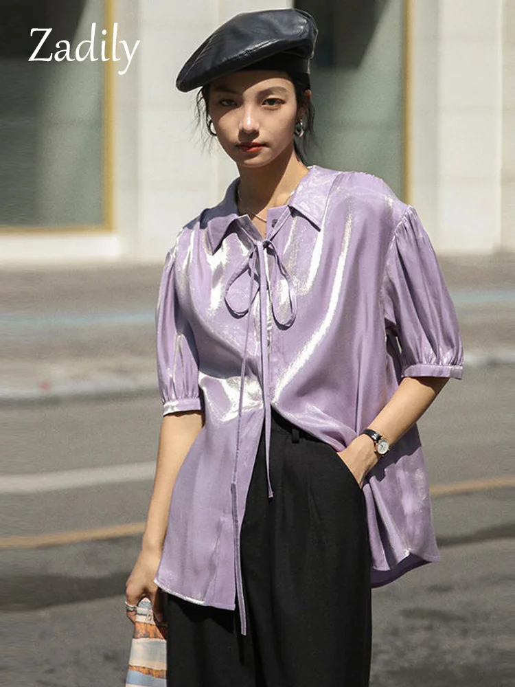 Office Lady Short Puff Sleeve Bandage Slik Shirt Women Loose Folds Button Up Ladies Blouse Work Female Clothing Tops
Office Lady Short Puff Sleeve Bandage Slik Shirt Women Loose Folds Button Up Ladies Blouse Work Female Clothing Tops