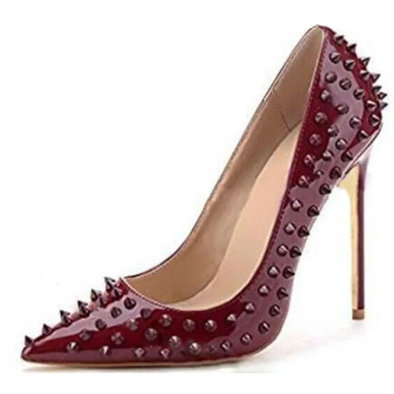 

Full Rivets High Heel Sexy Metal Studs Pointed Toe Woman Patent Leather Spikes Pumps Ladies Bridal Dress 12 cm Heels Shoes