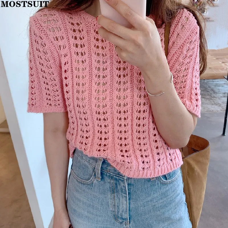 Summer Korean Hollow Knitted Sweater Pullover Women Solid Vintage Slim Ladies Short T-shirt Tops Sexy Fashion Ladies Knitwear
Summer Korean Hollow Knitted Sweater Pullover Women Solid Vintage Slim Ladies Short T-shirt Tops Sexy Fashion Ladies Knitwear