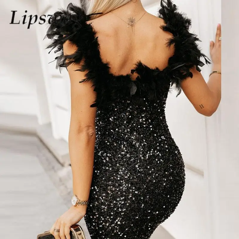 Sexy Black Feather Straps Bodycon Dress Elegant Women Sequins Shiny Nightclub Dress Fashion Lady Glitter Slim Mini Party Dresses
Sexy Black Feather Straps Bodycon Dress Elegant Women Sequins Shiny Nightclub Dress Fashion Lady Glitter Slim Mini Party Dresses