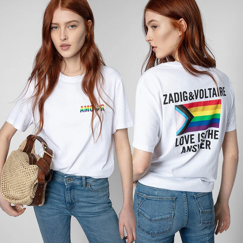 

New Arrvial Zv Tshirts Rainbow Gradient Print T Shirt Casual Spring Summer Tops French Vintage Zadig Et Voltaire Women Tshirts