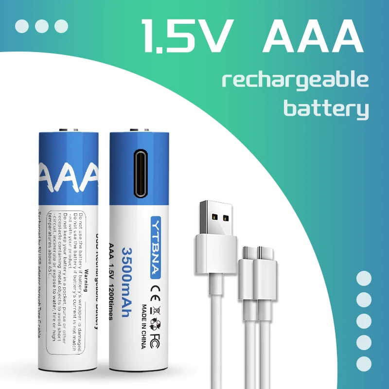 YTBNA 1.5V AAA Rechargeable Batteries 3500mAh 3A AAA Li-ion Battery USB Charging for Flashlight Toys + Cable
YTBNA 1.5V AAA Rechargeable Batteries 3500mAh 3A AAA Li-ion Battery USB Charging for Flashlight Toys + Cable