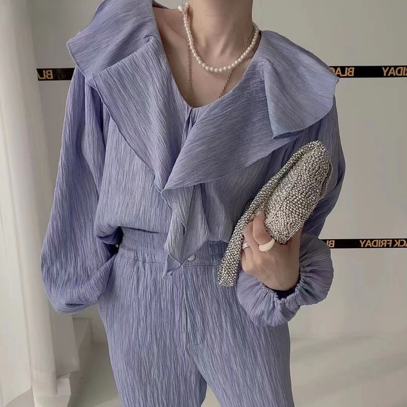 Elegant Suit Fashion 2 Piece Set Women V-neck Ruffles Shirts Tops Casual Folds Wide Peg Pants Sets Korean Woman Clothes Outfits
Elegant Suit Fashion 2 Piece Set Women V-neck Ruffles Shirts Tops Casual Folds Wide Peg Pants Sets Korean Woman Clothes Outfits