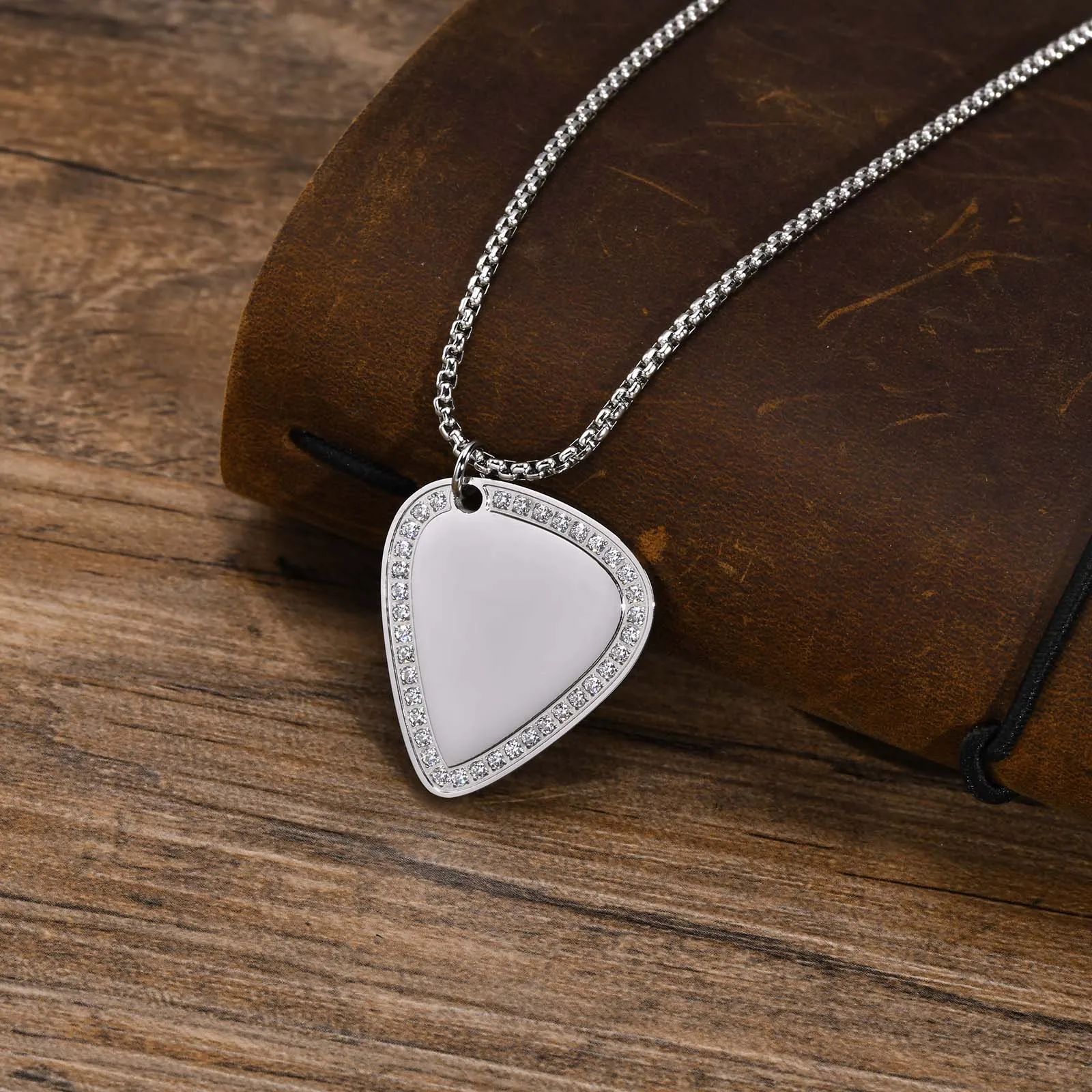 

Cool Fashion Guitar Pick Necklaces for Men Boys, Waterproof Stainless Steel Geometric Triangle Pendant Collar Inlay CZ Stones