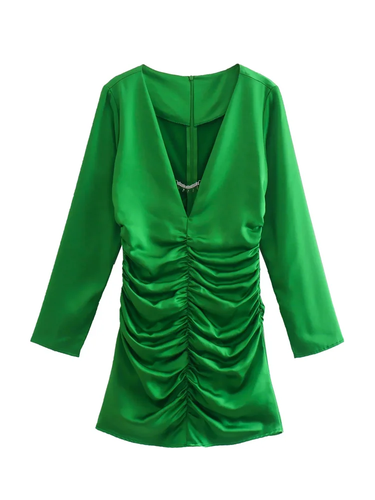

Женское элегантное зеленое Плиссированное мини-платье с V-образным вырезом, весна 2022, шикарные женские Украшения, вечерние платья, женское ш...