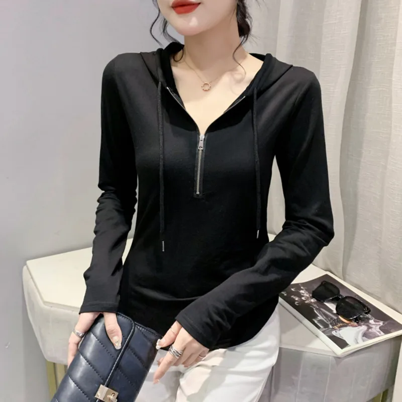 #8070 Hooded T Shirt Women Solid Color Streetwear Tshirt Zipper Slim Cotton Elastic Irregular Women T-shirt Long Sleeve Spring
#8070 Hooded T Shirt Women Solid Color Streetwear Tshirt Zipper Slim Cotton Elastic Irregular Women T-shirt Long Sleeve Spring