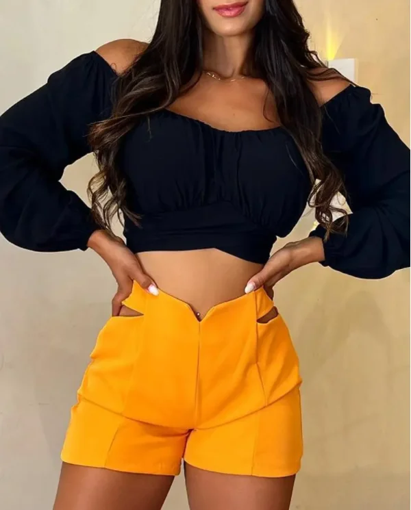 Casual Outfit Suit for Women Shorts and Top Women's Two-Piece Set Off Shoulder Lantern Sleeve Crop Top & Hollow Out Shorts Sets
Casual Outfit Suit for Women Shorts and Top Women's Two-Piece Set Off Shoulder Lantern Sleeve Crop Top & Hollow Out Shorts Sets