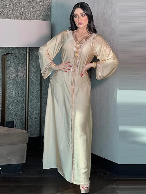 

Beading Jalabiya Loose Long Arabic Dress Moroccan Braids Kaftan Islam Muslim Abaya Party Evening Ramadan Caftan Dubai Saudi Robe