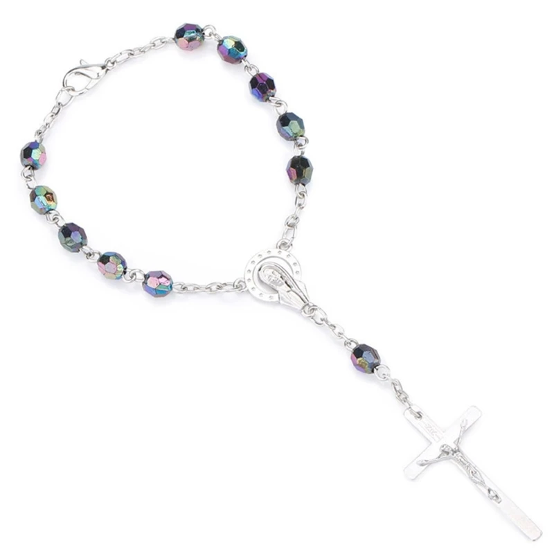 

Women Men Vintage Catholic Religious Bracelets Colorful Beads for Cross Rosary Jesus Crucifix Bangle Prayer Jewelry Chai