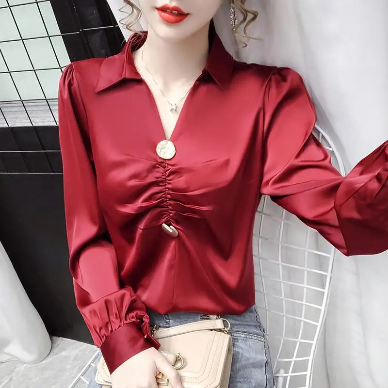 2022 Spring Autumn Women Korean Satin Ruched Chic V-Neck Long Sleeve Shirts Vintage Elegant Fashion Solid Slim Top Blouse Blusas
2022 Spring Autumn Women Korean Satin Ruched Chic V-Neck Long Sleeve Shirts Vintage Elegant Fashion Solid Slim Top Blouse Blusas