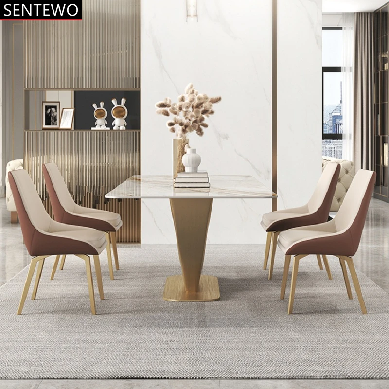 

Popular Luxury Marble kitchen dining table with dinning chairs set Metal Titanium gold base home furniture mesa comedor y sillas