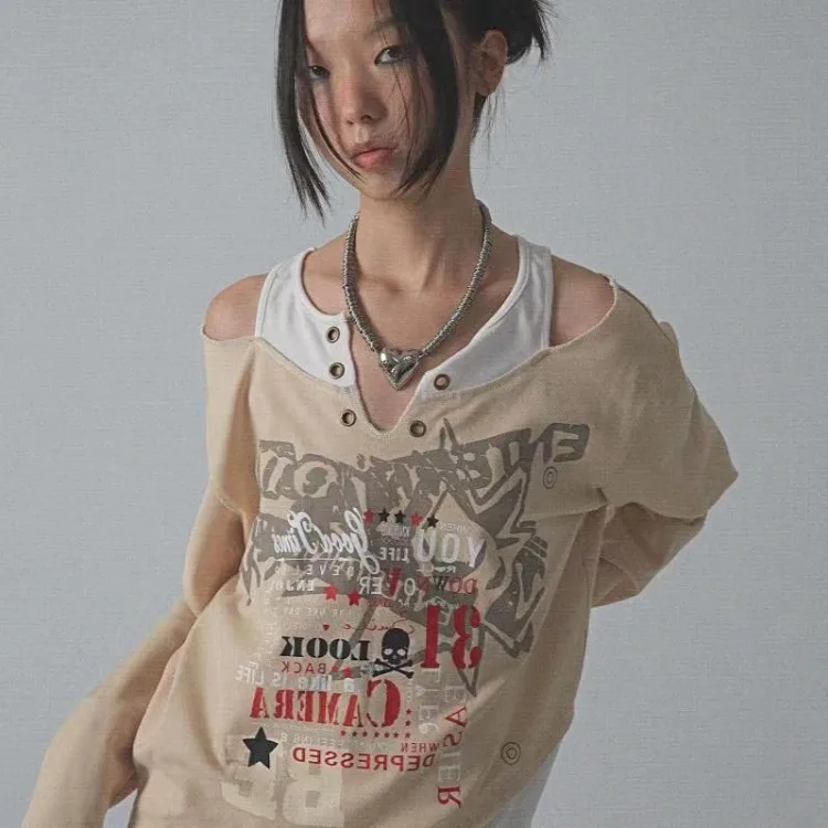 

Женская Асимметричная футболка с открытыми плечами, Готическая футболка составного кроя с длинным рукавом и принтом в стиле Харадзюку, модель Y2k в стиле панк, 2023