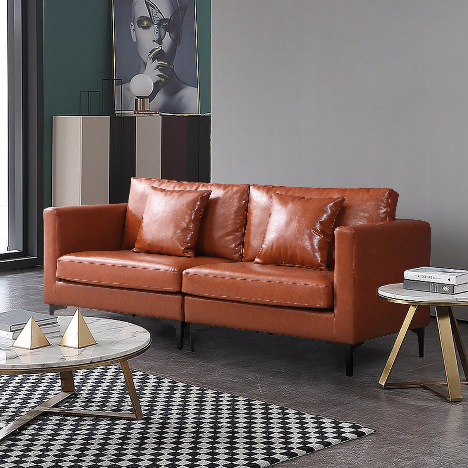 Leather Living Room Loveseat Sofa Couch, Comfy 3-Seat Love Seats Furniture with Square Arms, Removable Cushions and Pillows-Tan 
Leather Living Room Loveseat Sofa Couch, Comfy 3-Seat Love Seats Furniture with Square Arms, Removable Cushions and Pillows-Tan