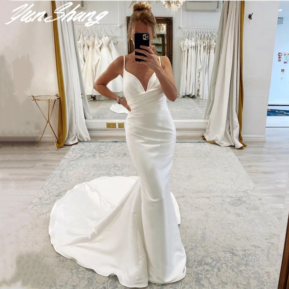 YunShang V-Neck Wedding Dresses Spaghetti Straps Pleats Spandex Simple Mermaid Bride Gown Backless Court Train Vestidos De Noiva
YunShang V-Neck Wedding Dresses Spaghetti Straps Pleats Spandex Simple Mermaid Bride Gown Backless Court Train Vestidos De Noiva