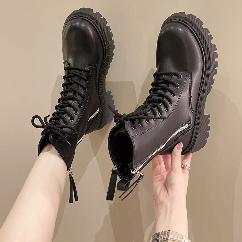 

Женские ботинки на среднем каблуке, черные ботинки с круглым носком, на шнуровке, до середины икры, для верховой езды, на плоской резиновой подошве, В Стиле Лолита, для зимы, 2022