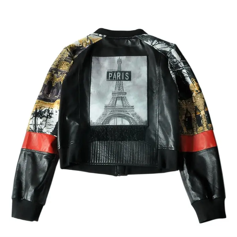 Genuine leather jackets female sheepskin patchwork printed baseball uniform round neck casual short leather jacket coat
Genuine leather jackets female sheepskin patchwork printed baseball uniform round neck casual short leather jacket coat