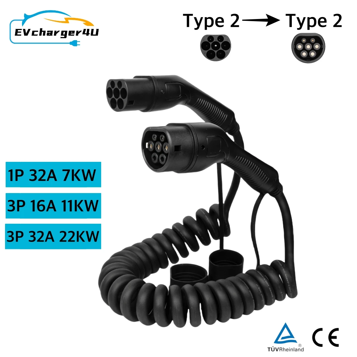 EVcharger4U Тип 2 Спиральный кабель для зарядки электромобилей 1 фаза 32A 7KW 7M, 3-фазный 22KW 5M режим 3 спиральный шнур зарядного устройства для электромобиля CE TUV
EVcharger4U Тип 2 Спиральный кабель для зарядки электромобилей 1 фаза 32A 7KW 7M, 3-фазный 22KW 5M режим 3 спиральный шнур зарядного устройства для электромобиля CE TUV