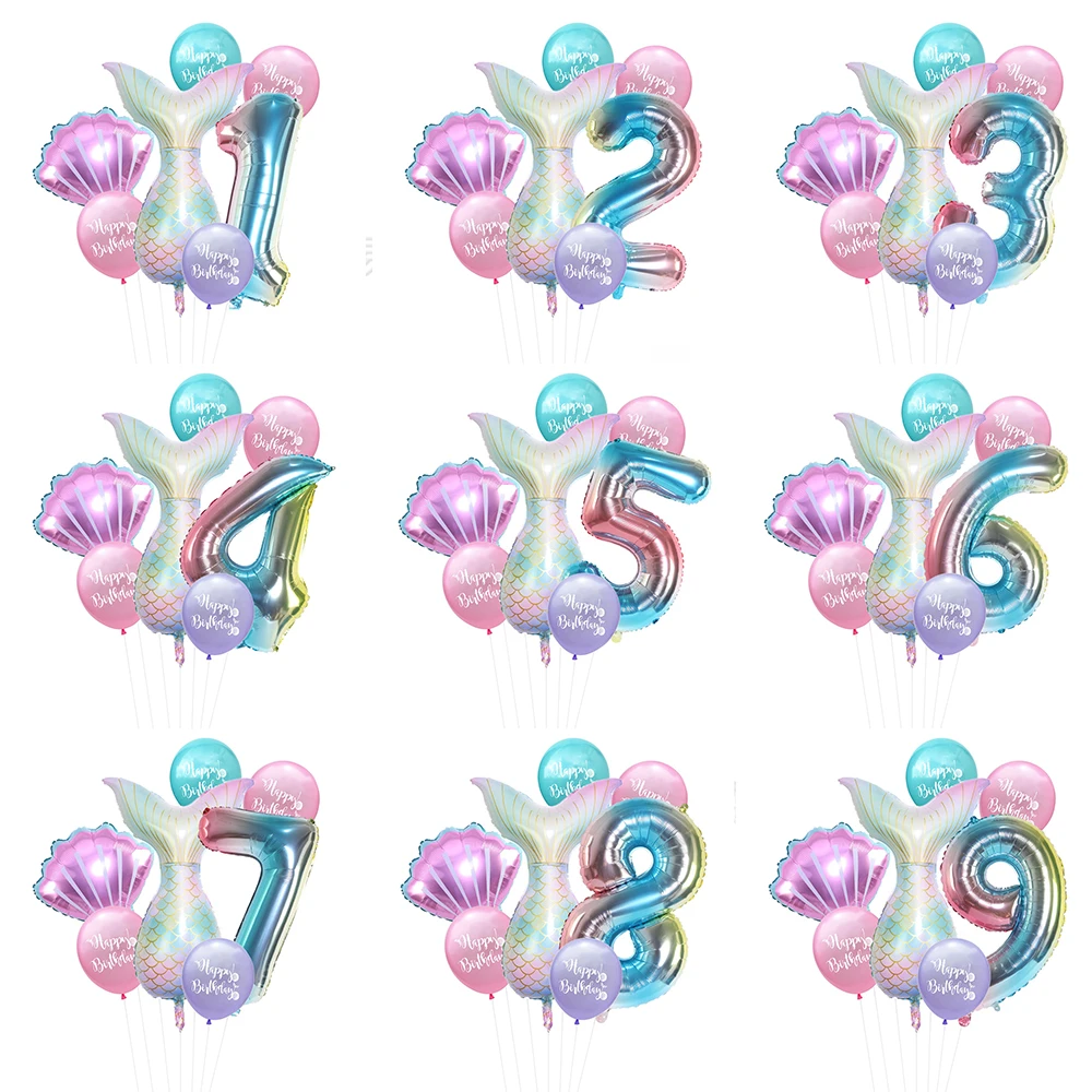 

7Pcs/set Mermaid Party Balloons 32inch Gradient Number Foil Balloon Kids Birthday Party Decoration Baby Shower Helium Air Globos