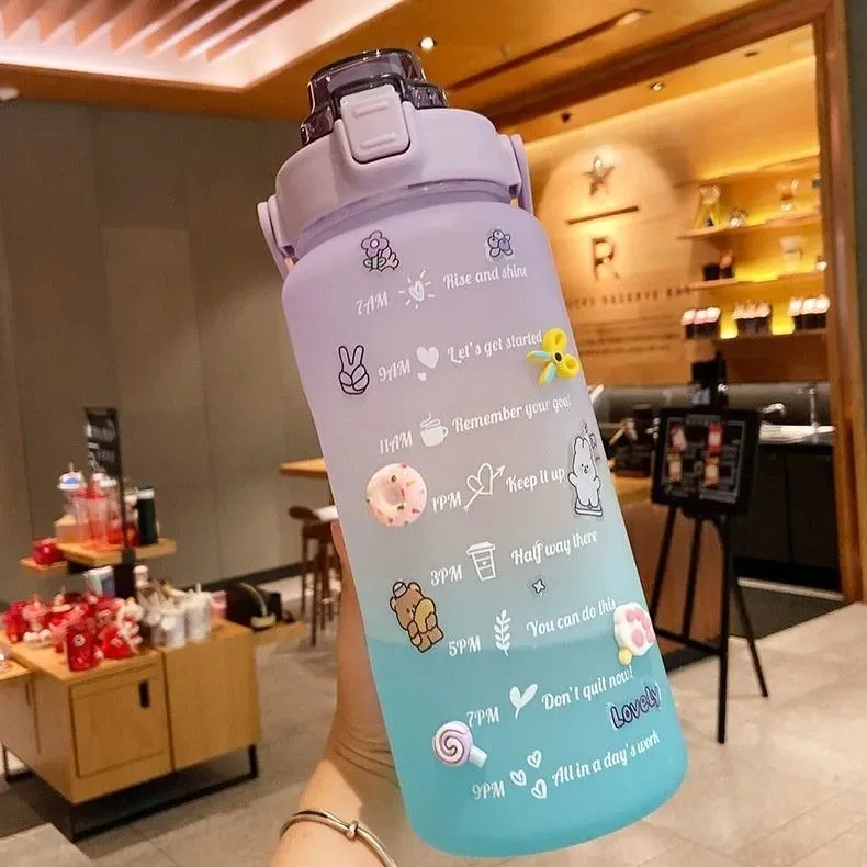

2L Capacity Couple Cup Straw Cup Time Scale Water Bottle Plastic Water Cup Large Student Frosted High Temperature Outdoor Sports