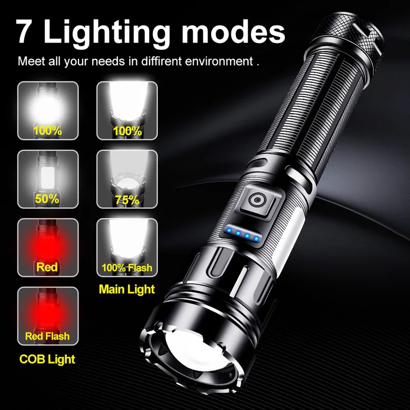 

High Power LED Flashlight 5000 Meters White LED Tactical Flashlights 1000000 Lumens USB Powerful Rechargeable Zoom Torch