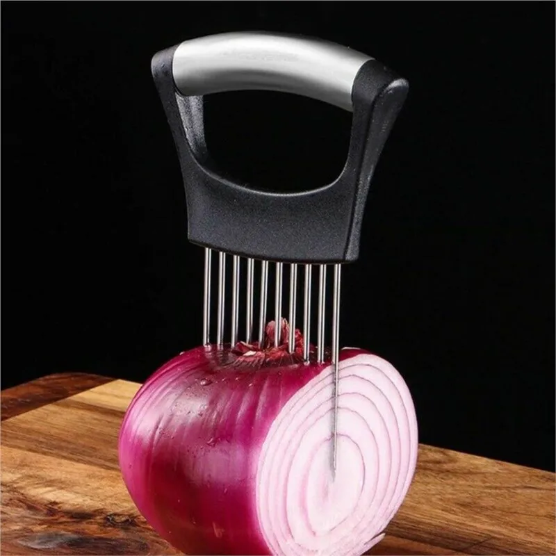 

New Stainless Steel Onion Cutte Food Slice Assistant Vegetable Holder Meat Tenderizer Onion Chop Fruit Tomato Cutter Slicer Good