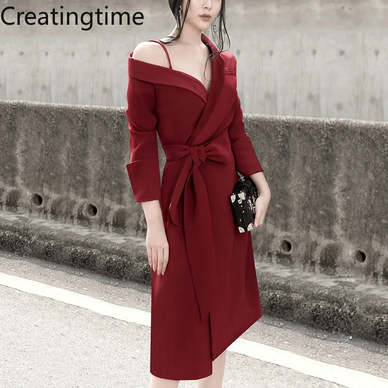 

Creatingtime 2023 Spring New Wine Red Slanted Shoulder Long Sleeve Bandage Asymmetric High Waist Dress Fashion Women LH226