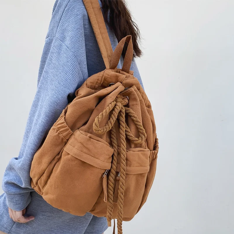 Fashion Double Pocket Women Backpack Female High Quality Canvas Bucket Shoulder Bag Girls Vintage Drawstring Schoolbag Bookbag 
Fashion Double Pocket Women Backpack Female High Quality Canvas Bucket Shoulder Bag Girls Vintage Drawstring Schoolbag Bookbag