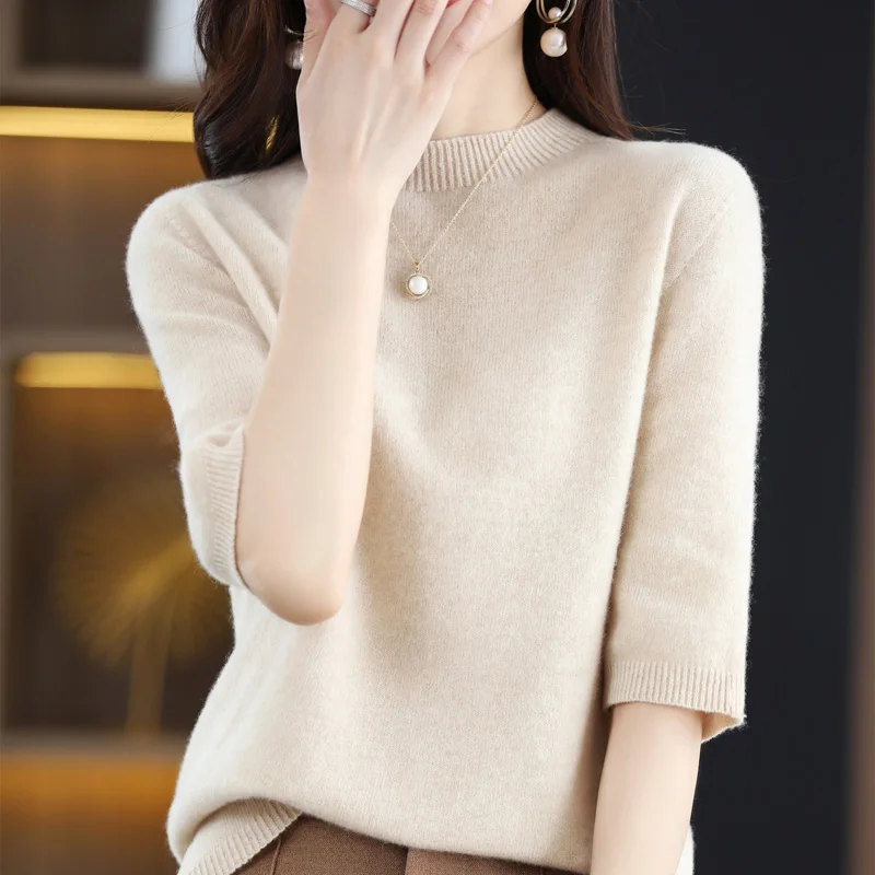 

First-Line Garment 100% Pure Woolen Sweater Women's Half Turtleneck Seven-Point Sleeve Solid Color Knit Base Sweater