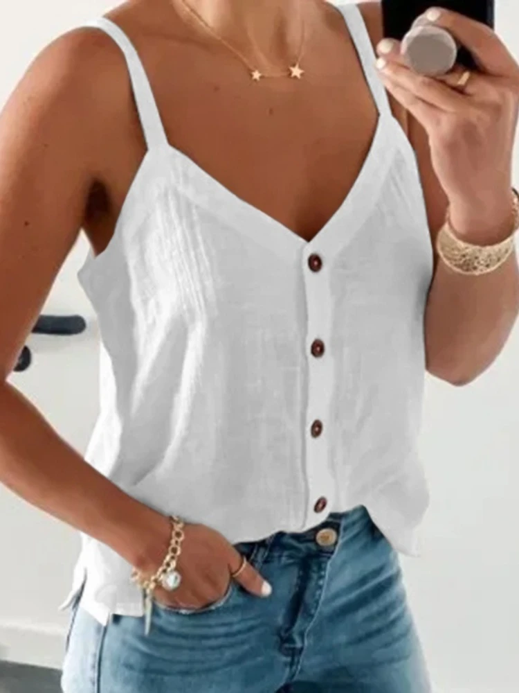 Женская футболка на пуговицах, без рукавов, с V-образным вырезом 
Женская футболка на пуговицах, без рукавов, с V-образным вырезом