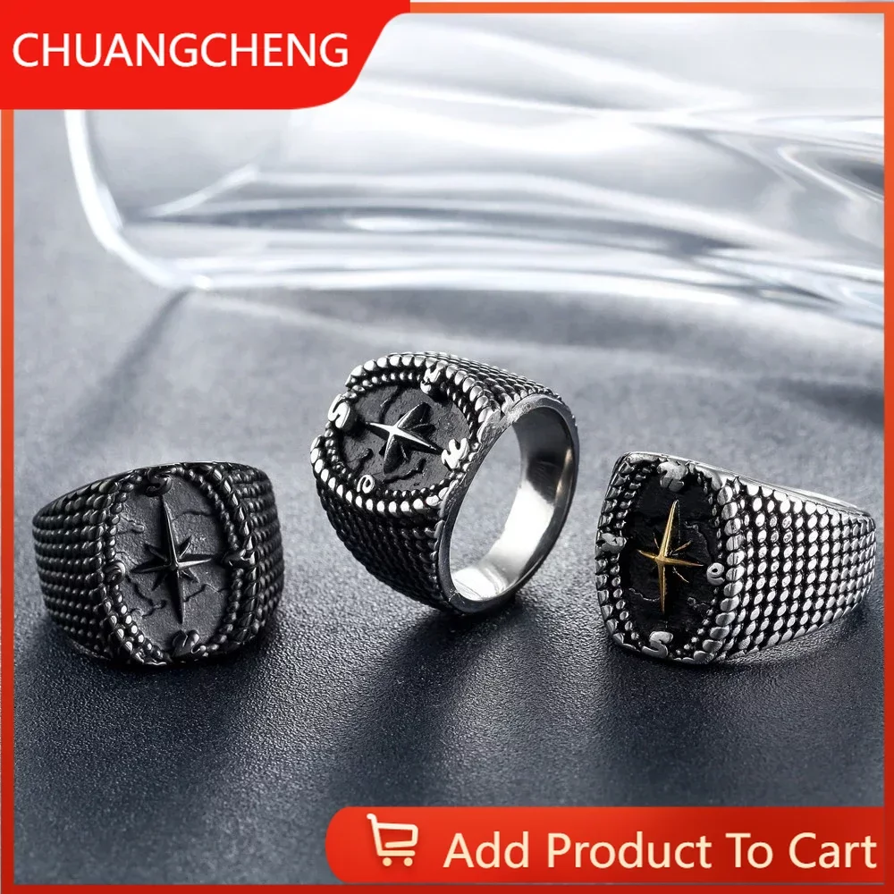 

CHUANGCHENG Vintage Personality Men's Compass Viking Mythology Totem Stainless Steel Rings Size 7-15
