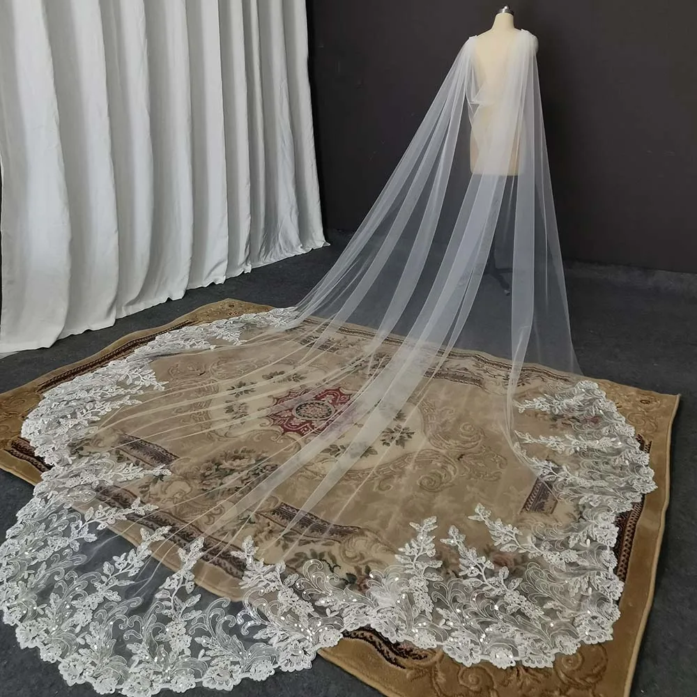 

Bling Sequins Lace Long Wedding Cape Scallop Real Photos 3.5 Meters Shoulder Veil New Bridal Bolero Wedding Accessories