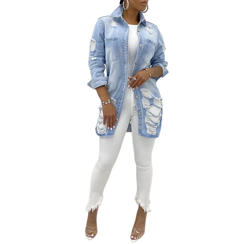 Streetwear Style Denim Jackets Women Washed Blue Long Sleeve Ripped Long Coat Fashion Casual Holes Loose Cowboy Outwear Jackets 
Streetwear Style Denim Jackets Women Washed Blue Long Sleeve Ripped Long Coat Fashion Casual Holes Loose Cowboy Outwear Jackets