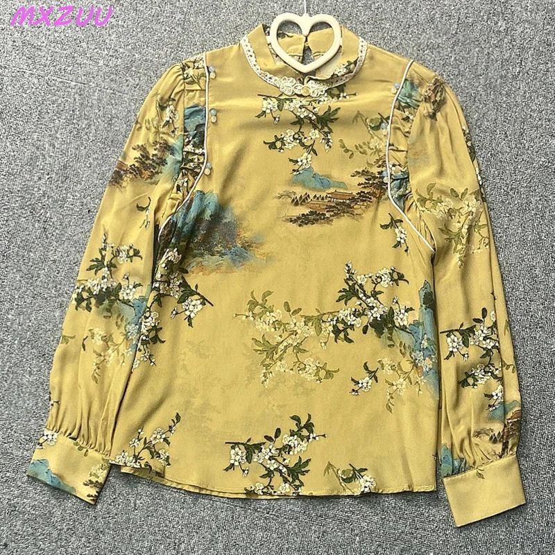 Women's Mulberry Silk Tops Blusa Feminina Stand Collar Pullover Long sleeve Chinese Style Retro Printed Beading Real Silk Blouse
Women's Mulberry Silk Tops Blusa Feminina Stand Collar Pullover Long sleeve Chinese Style Retro Printed Beading Real Silk Blouse