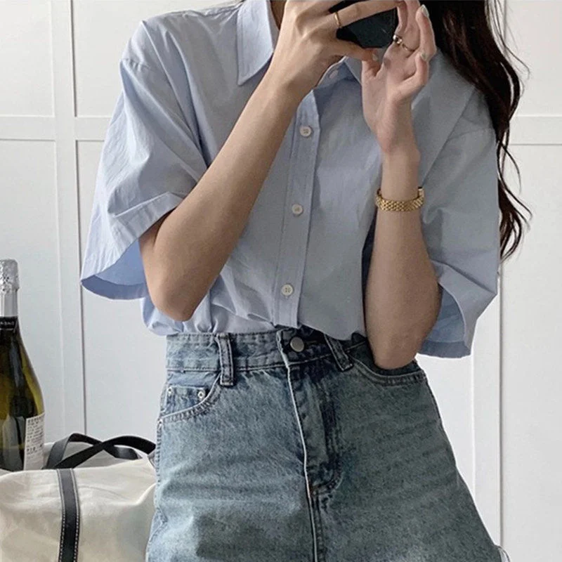 

Женские рубашки с коротким рукавом EBAIHUI, однотонная крутая блузка унисекс для колледжа, базовая модная женская рубашка в Корейском стиле, стильная новая модель
