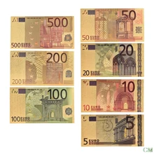 7pcs/lot 5 10 20 50 100 200 500 EUR Gold Banknotes in 24K Gold Fake Paper Money for Collection Euro Banknote Sets