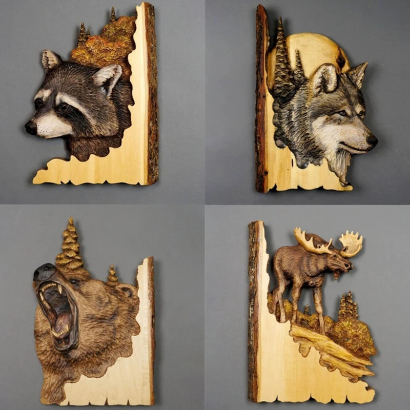 

Animal Carving Handcraft Wall Hanging Sculpture 3D Raccoon Bear Deer Hand Painted Decorations for Home Living Room