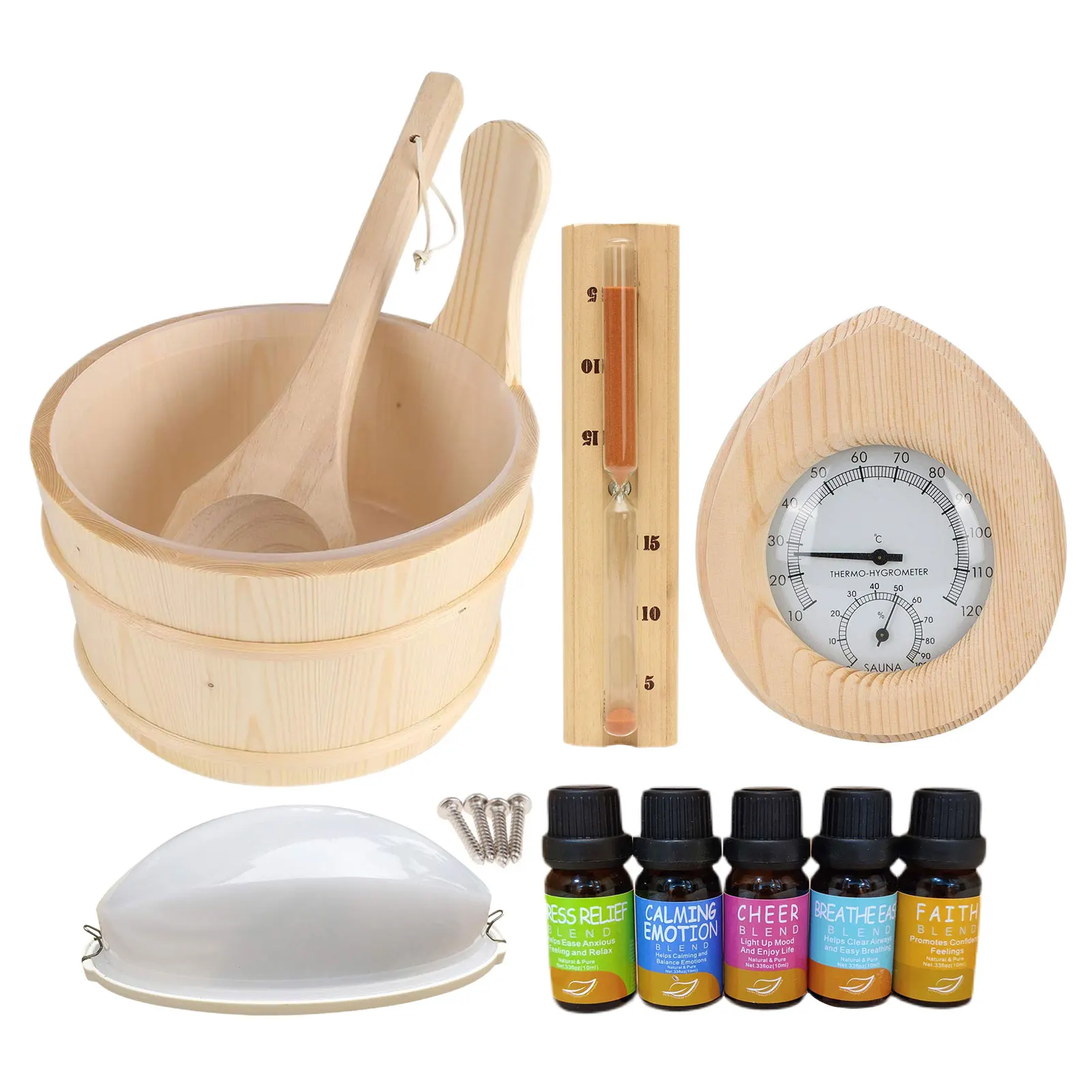 Wooden Sauna Bucket With 4L Bucket,Spoon,Hourglass,Thermometer And Hygrometer, Lampshade,Essential Spa Accessory For Steam Room
Wooden Sauna Bucket With 4L Bucket,Spoon,Hourglass,Thermometer And Hygrometer, Lampshade,Essential Spa Accessory For Steam Room