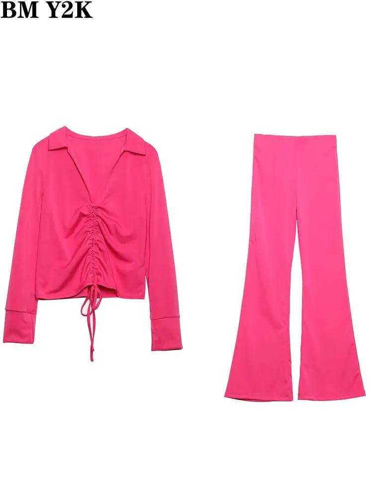 BM Y2K sexy two piece set Women fashion with adjustable tied gathered crop blouses or high elastic waist straight pants Pink
BM Y2K sexy two piece set Women fashion with adjustable tied gathered crop blouses or high elastic waist straight pants Pink