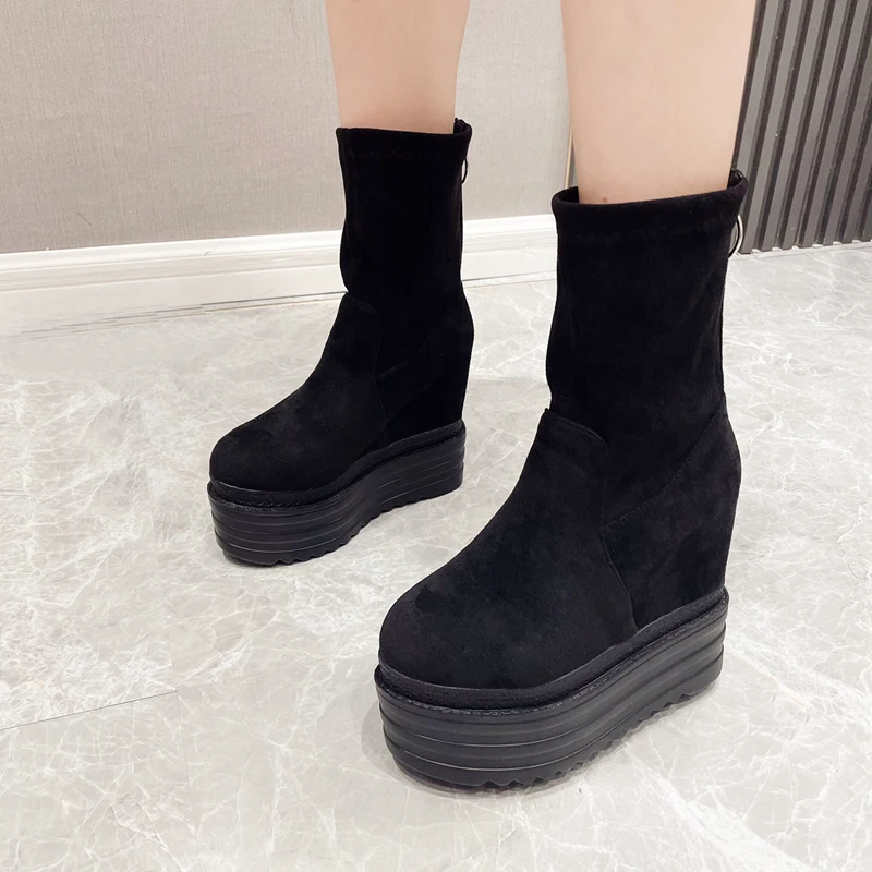 

12cm Wedge Boots Women Black Suede Leather Platforms Heels Punk Mid Calf Boots Height Increasing Wedges Shoes Botas Femininas