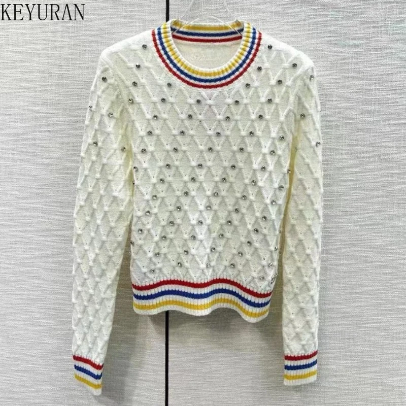 

Autumn/Winter New Diamonds Beading Knitted Pullover Sweater Women Vintage O-Neck Long Sleeve Striped Argyle Knitwear Tops Jumper