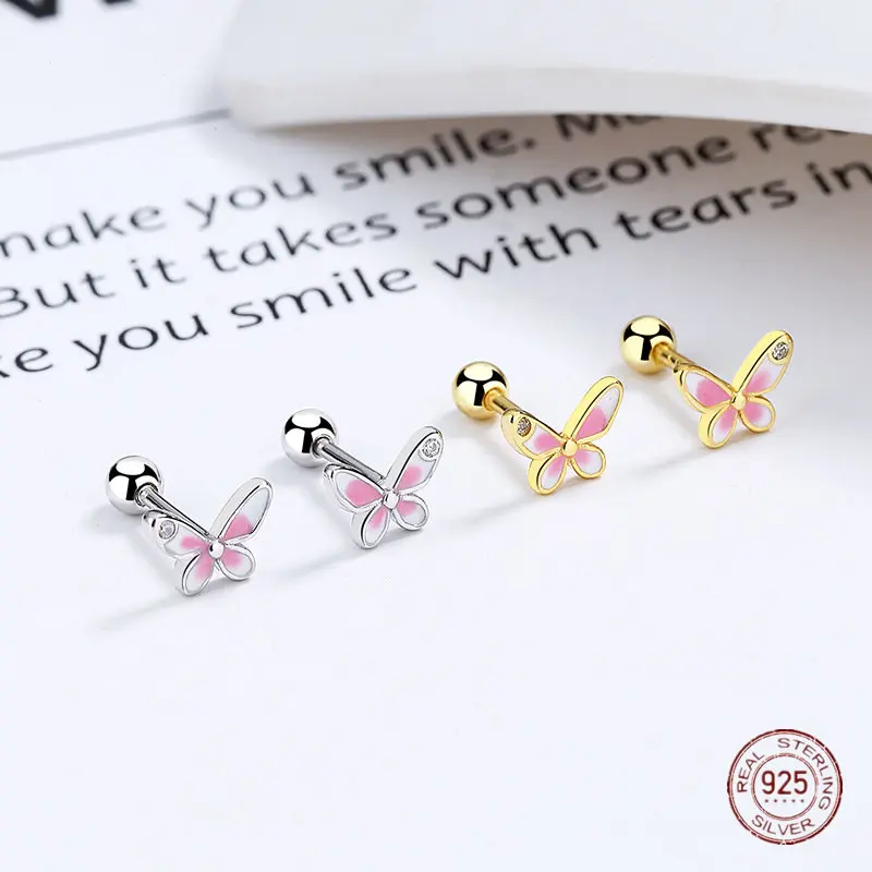 

925 Sterling Silver Drip Glaze Butterfly Stud Earrings for Women Cute Thread Piercing Mini Earring Animals Style Jewelry