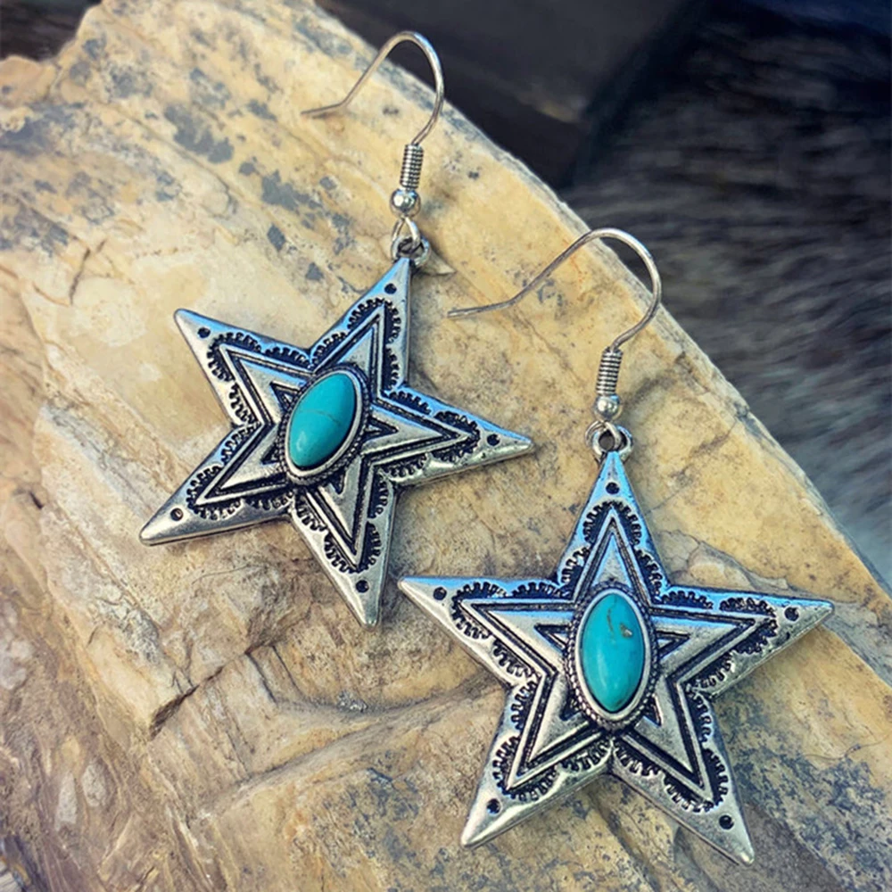 

Vintage Five-pointed Star Dangle Earrings for Women Statement Green Stones Piercing Eardrop Accessories Girls Jewelry Party Gift
