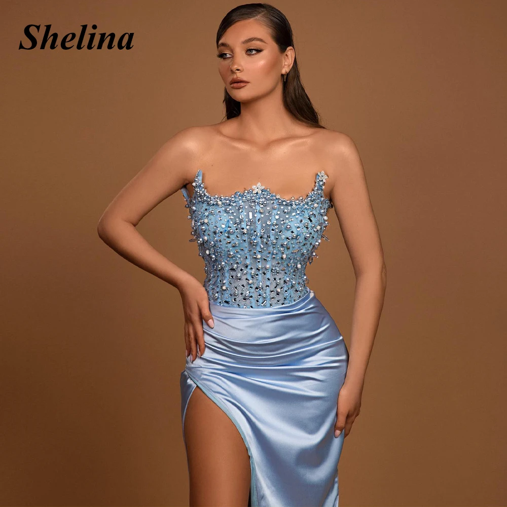 

Shelina Attractive Trumpet Graduation Dress Scalloped Pearls Crystal Pleat Split Backless Vestidos De Baile Made To Order