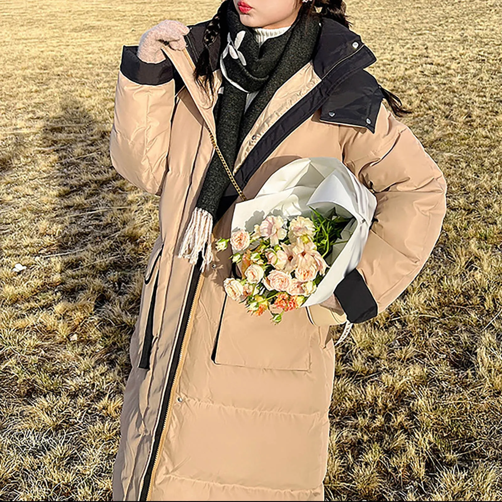 

Женский длинный пуховик, классическое плотное теплое пальто на молнии с большими карманами и воротником-стойкой, приталенное пальто с капюшоном, женские парки, куртка, 2023