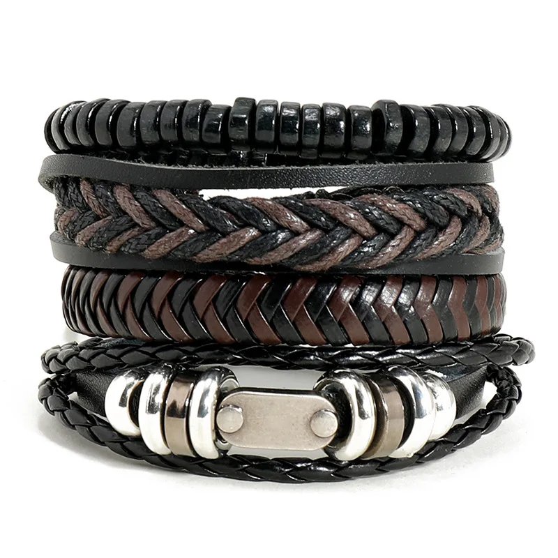 

Punk Vintage Multilayer Leather Bracelet Men Fashion Handmade Braided Wood Beads Rope Wrap Bracelets & Bangles Male Gift