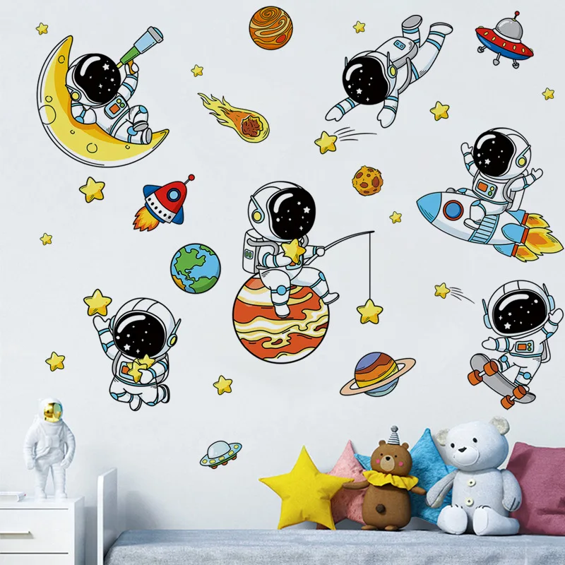 

Наклейка на стену в детскую комнату, самоклеящаяся мультяшная картинка космического человека, для спальни, гостиной