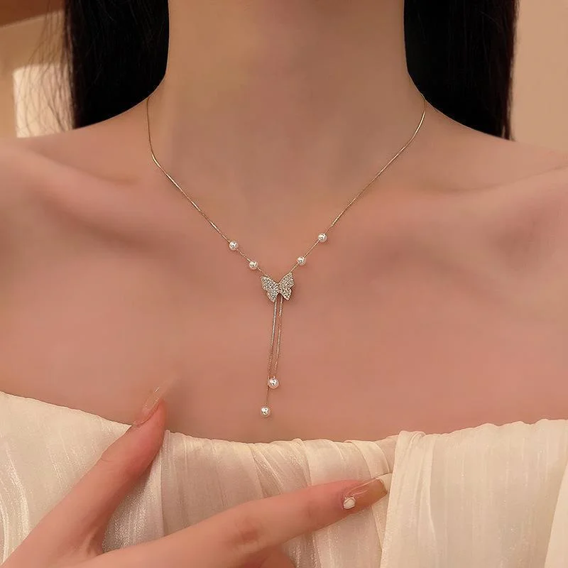 2022 New Fashion Shiny Zirconia Butterfly Necklace for Women Delicate Pearl Tassel Collarbone Chain Wedding Party Gift Jewelry
2022 New Fashion Shiny Zirconia Butterfly Necklace for Women Delicate Pearl Tassel Collarbone Chain Wedding Party Gift Jewelry